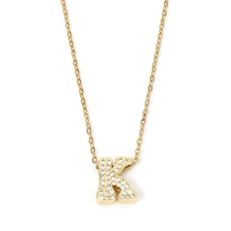 Image de 1 Pièce Colliers Chaîne Maille Forçat en 304 Acier Inoxydable & Laiton Plaqué Or 18K Alphabet Initial/ Lettre Majuscule Gravé Mot " K " Micro Pave 45cm Long