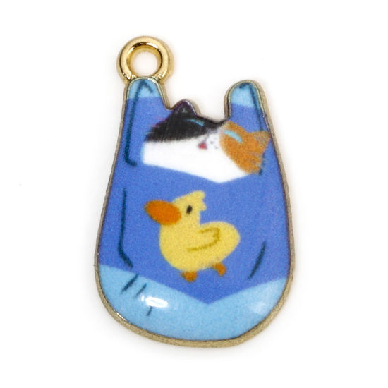 Picture of 10 PCs Zinc Based Alloy Charms Gold Plated Blue Bag Cat Enamel 22mm x 11mm