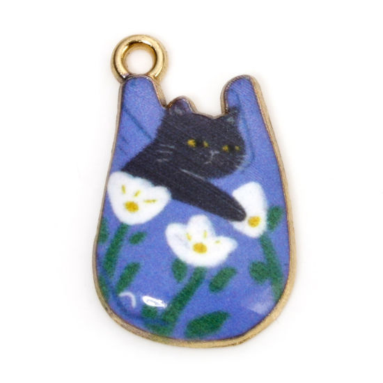 Picture of 10 PCs Zinc Based Alloy Charms Gold Plated Blue Bag Cat Enamel 22mm x 11mm