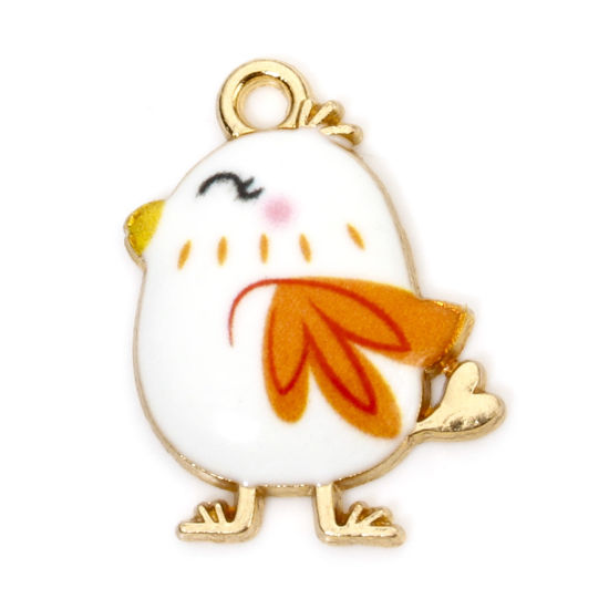 Picture of 10 PCs Zinc Based Alloy Easter Day Charms Gold Plated White Chicken Enamel 20mm x 16mm