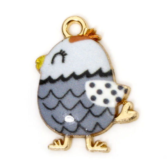 Picture of 10 PCs Zinc Based Alloy Easter Day Charms Gold Plated Gray Chicken Enamel 20mm x 16mm