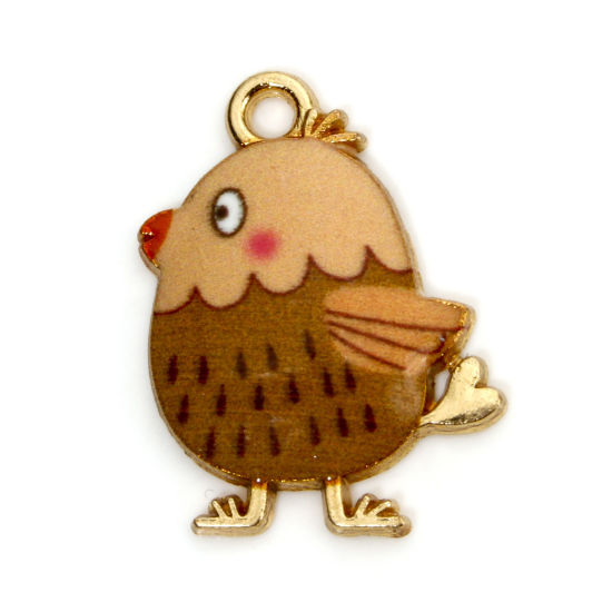 Picture of 10 PCs Zinc Based Alloy Easter Day Charms Gold Plated Brown Chicken Enamel 20mm x 16mm