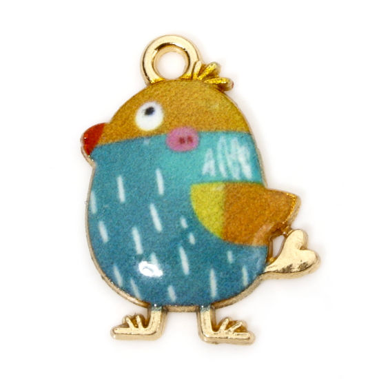 Picture of 10 PCs Zinc Based Alloy Easter Day Charms Gold Plated Blue Chicken Enamel 20mm x 16mm