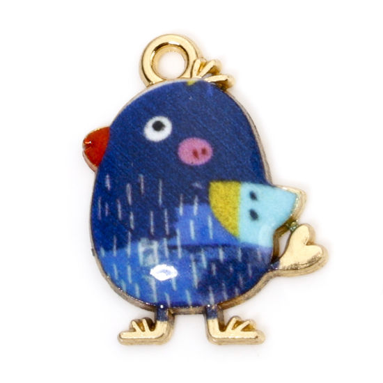 Picture of 10 PCs Zinc Based Alloy Easter Day Charms Gold Plated Dark Blue Chicken Enamel 20mm x 16mm