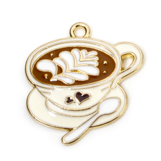 Picture of 10 PCs Zinc Based Alloy Charms Gold Plated Creamy-White Cup Coffee Enamel 25mm x 24mm