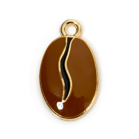 Picture of 10 PCs Zinc Based Alloy Charms Gold Plated Dark Brown Coffee Bean Enamel 20mm x 12mm