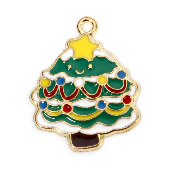 Picture of 10 PCs Zinc Based Alloy Christmas Charms Gold Plated Multicolor Christmas Tree Enamel 28mm x 22mm