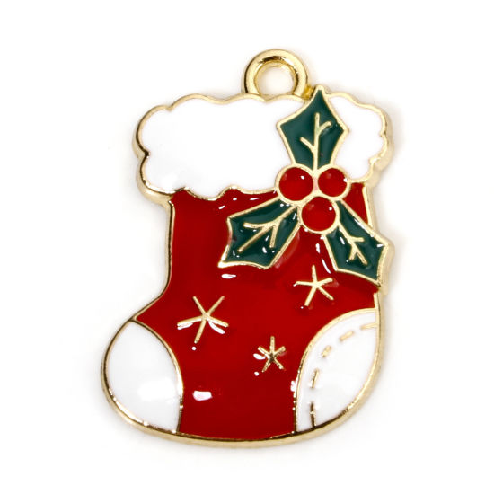 Picture of 10 PCs Zinc Based Alloy Christmas Charms Gold Plated Multicolor Sock Enamel 25mm x 18mm