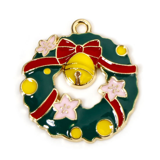 Picture of 10 PCs Zinc Based Alloy Christmas Charms Gold Plated Multicolor Christmas Wreath Enamel 26mm x 25mm