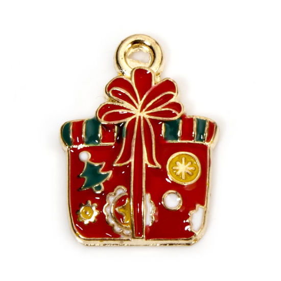 Picture of 10 PCs Zinc Based Alloy Christmas Charms Gold Plated Multicolor Gift Box Enamel 18.5mm x 14mm