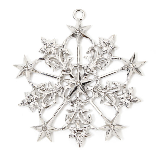 Picture of 1 Piece Zinc Based Alloy Christmas Pendants Silver Tone Christmas Snowflake Clear Rhinestone 8.2cm x 7.6cm