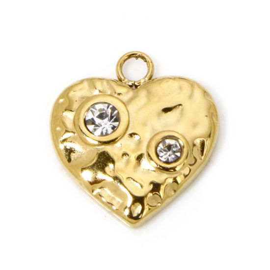 Picture of 1 Piece Vacuum Plating 304 Stainless Steel Valentine's Day Charms Gold Plated Heart Rhinestone Clear Rhinestone 14.5mm x 13.5mm