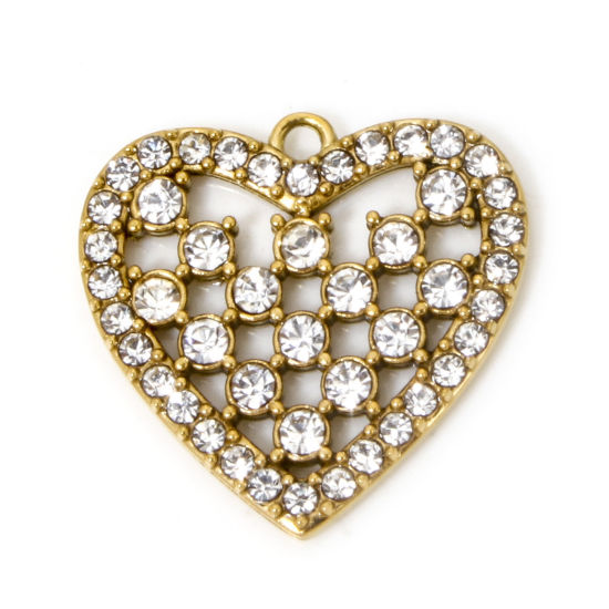 Picture of 1 Piece Vacuum Plating 304 Stainless Steel Valentine's Day Charms Gold Plated Heart Hollow Clear Rhinestone 17.5mm x 17mm