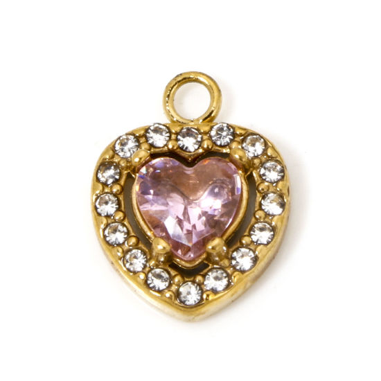 Picture of 1 Piece Vacuum Plating 304 Stainless Steel Valentine's Day Charms Gold Plated Heart Rhinestone Clear Rhinestone Pink Cubic Zirconia 12.5mm x 10mm