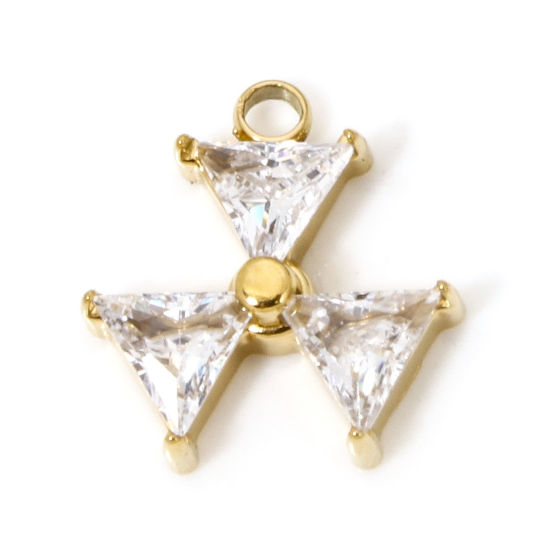 Picture of 1 Piece Vacuum Plating 304 Stainless Steel Exquisite Charms Gold Plated Windmill Triangle Rhinestone Clear Rhinestone 12.5mm x 12mm