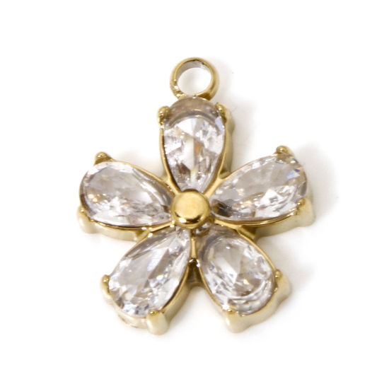 Picture of 1 Piece Vacuum Plating 304 Stainless Steel Exquisite Charms Gold Plated Flower Rhinestone Clear Rhinestone 14mm x 11.5mm