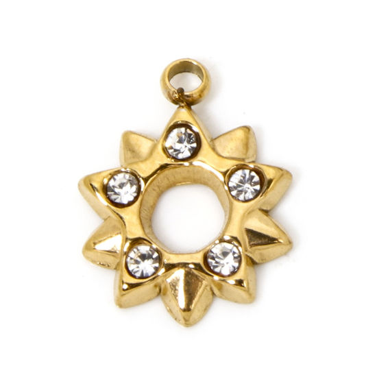Picture of 1 Piece Vacuum Plating 304 Stainless Steel Exquisite Charms Gold Plated Star Rhinestone Clear Rhinestone 13.5mm x 10.5mm