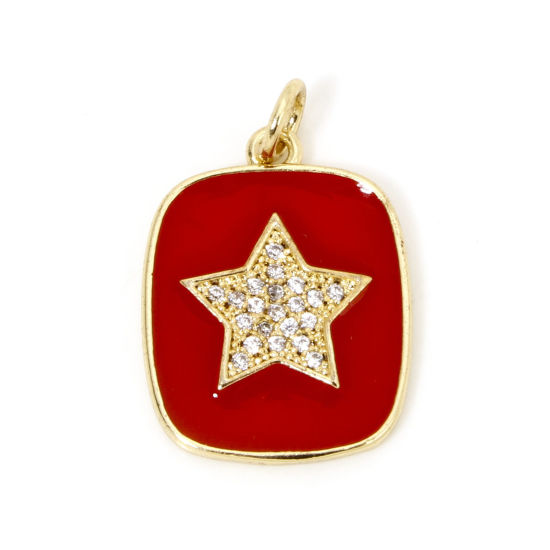 Bild von 1 Stück Messing Galaxis Charms 18K Vergoldet Rot Rechteck Stern Emaille Klar Zirkonia 23mm x 15mm