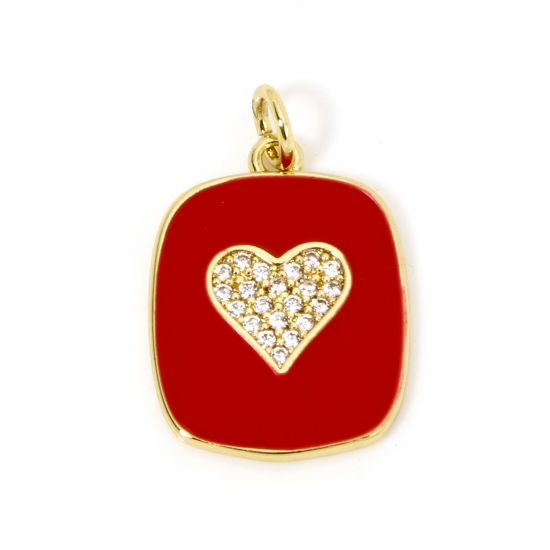 Picture of 1 Piece Brass Valentine's Day Charms 18K Gold Plated Red Rectangle Heart Enamel Clear Cubic Zirconia 23mm x 15mm