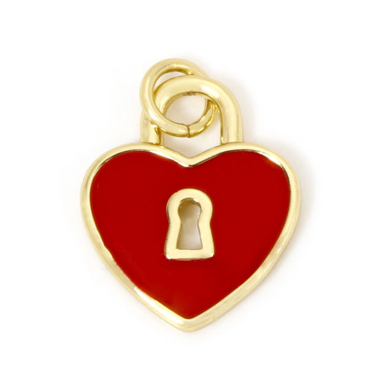 Picture of 1 Piece Brass Valentine's Day Charms 18K Gold Plated Red Lock Heart Enamel Clear Cubic Zirconia 18mm x 13mm