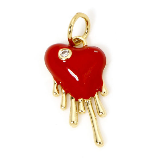 Bild von 1 Stück Messing Valentinstag Charms 18K Vergoldet Rot Herz Tropfen Emaille Klar Zirkonia 20mm x 9mm