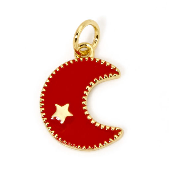 Picture of 1 Piece Brass Galaxy Charms 18K Gold Plated Red Half Moon Star Enamel 18mm x 11mm