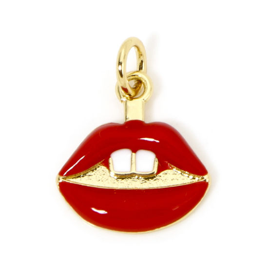 Picture of 1 Piece Brass Charms 18K Gold Plated Red Lip Enamel 17mm x 13mm