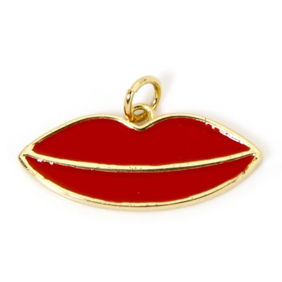 Bild von 1 Stück Messing Charms 18K Vergoldet Rot Lippe Emaille 24mm x 14mm