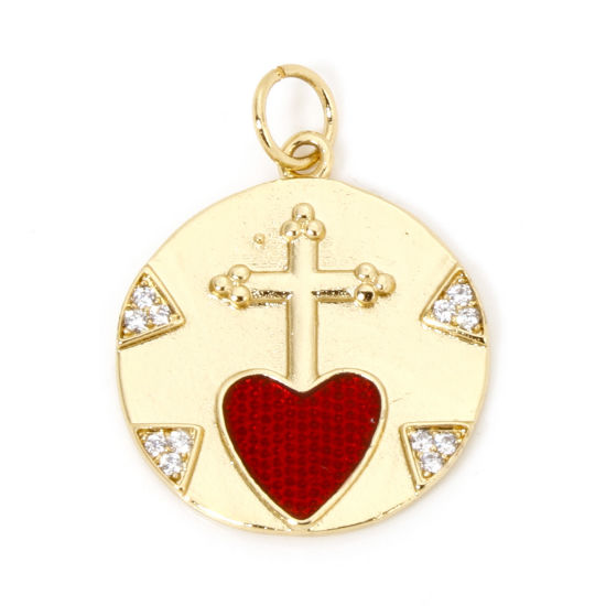 Picture of 1 Piece Brass Religious Charms 18K Gold Plated Red Heart Cross Enamel Clear Cubic Zirconia 26mm x 19mm