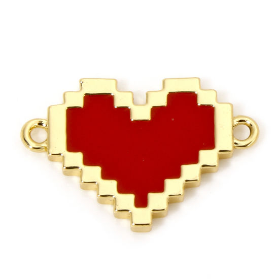 Picture of 1 Piece Brass Valentine's Day Connectors Charms Pendants 18K Gold Plated Red Heart Enamel 16mm x 11mm