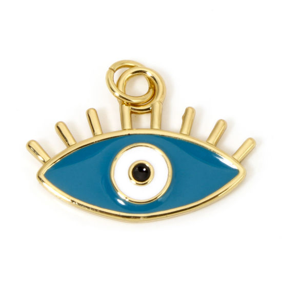 Picture of 1 Piece Brass Charms 18K Gold Plated Green Blue Eye Enamel 22mm x 19mm