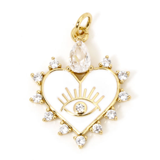 Immagine di 1 Pz Ecologico Ottone San Valentino Ciondoli Cuore 18K Vero Oro Placcato Bianco Occhi Smalto Trasparente Cubic Zirconiae Trasparente Strass 26mm x 18mm