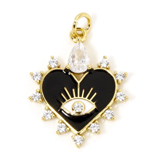 Immagine di 1 Pz Ecologico Ottone San Valentino Ciondoli Cuore 18K Vero Oro Placcato Nero Occhi Smalto Trasparente Cubic Zirconiae Trasparente Strass 26mm x 18mm