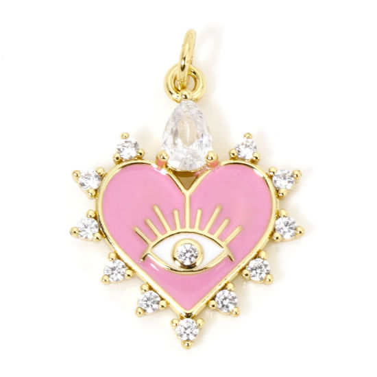 Immagine di 1 Pz Ecologico Ottone San Valentino Ciondoli Cuore 18K Vero Oro Placcato Rosa Occhi Smalto Trasparente Cubic Zirconiae Trasparente Strass 26mm x 18mm
