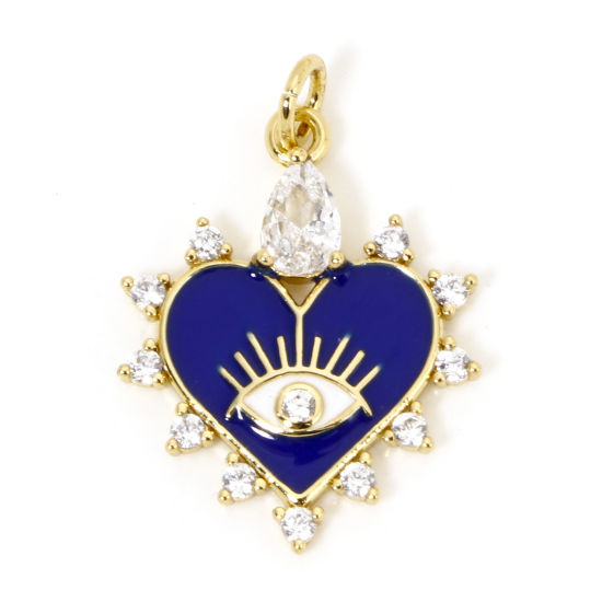 Immagine di 1 Pz Ecologico Ottone San Valentino Ciondoli Cuore 18K Vero Oro Placcato Blu Scuro Occhi Smalto Trasparente Cubic Zirconiae Trasparente Strass 26mm x 18mm