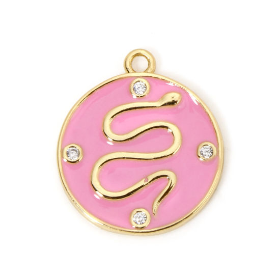 Bild von 1 Stück Umweltfreundlich Messing Charms 18K Echtgold plattiert Rosa Rund Schlange Emaille Klar Zirkonia 17mm x 15mm