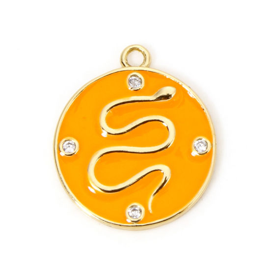 Bild von 1 Stück Umweltfreundlich Messing Charms 18K Echtgold plattiert Orange Rund Schlange Emaille Klar Zirkonia 17mm x 15mm