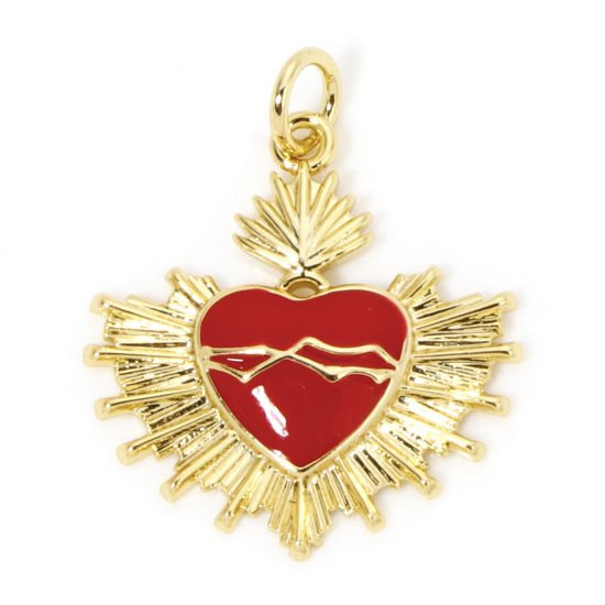 Image de 1 Pièce Breloques Religieux en Laiton Respectueux de la Nature Coeur de Ex-Voto Plaqué Or Véritable 18K Rouge Émail 24mm x 20mm