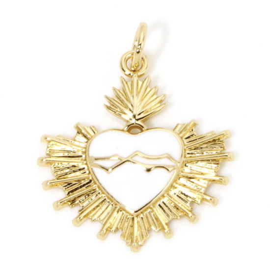 Image de 1 Pièce Breloques Religieux en Laiton Respectueux de la Nature Coeur de Ex-Voto Plaqué Or Véritable 18K Blanc Émail 24mm x 20mm