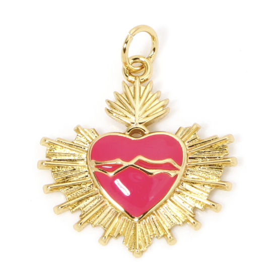 Image de 1 Pièce Breloques Religieux en Laiton Respectueux de la Nature Coeur de Ex-Voto Plaqué Or Véritable 18K Rose Émail 24mm x 20mm