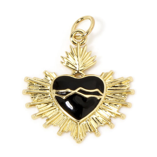 Image de 1 Pièce Breloques Religieux en Laiton Respectueux de la Nature Coeur de Ex-Voto Plaqué Or Véritable 18K Noir Émail 24mm x 20mm