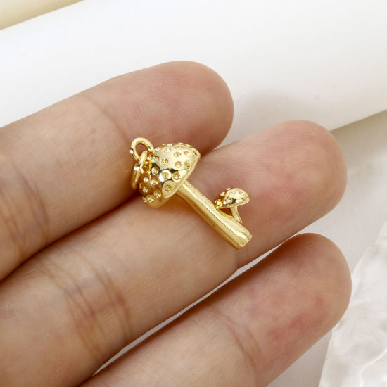 Picture of 1 Piece Eco-friendly Brass Charms 18K Real Gold Plated Mushroom 3D 23mm x 9.5mm