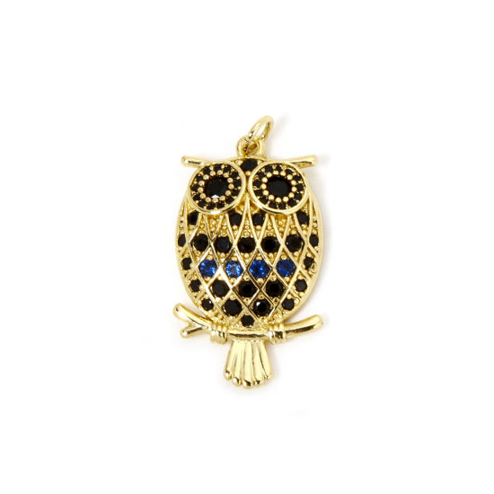 Picture of 1 Piece Eco-friendly Brass Halloween Pendants 18K Real Gold Plated Owl Animal Micro Pave Black Cubic Zirconia 3.2cm x 1.6cm