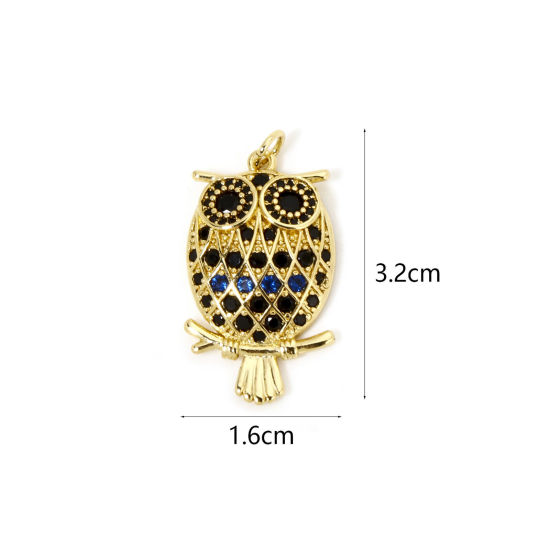 Picture of 1 Piece Eco-friendly Brass Halloween Pendants 18K Real Gold Plated Owl Animal Micro Pave Black Cubic Zirconia 3.2cm x 1.6cm