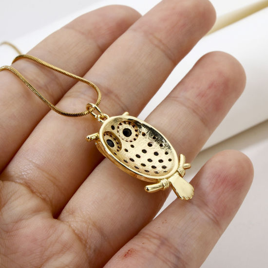 Picture of 1 Piece Eco-friendly Brass Halloween Pendants 18K Real Gold Plated Owl Animal Micro Pave Black Cubic Zirconia 3.2cm x 1.6cm
