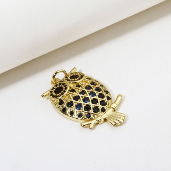 Picture of 1 Piece Eco-friendly Brass Halloween Pendants 18K Real Gold Plated Owl Animal Micro Pave Black Cubic Zirconia 3.2cm x 1.6cm