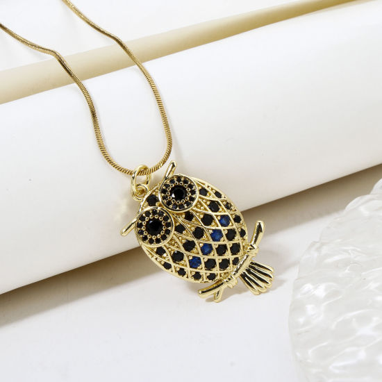 Picture of 1 Piece Eco-friendly Brass Halloween Pendants 18K Real Gold Plated Owl Animal Micro Pave Black Cubic Zirconia 3.2cm x 1.6cm