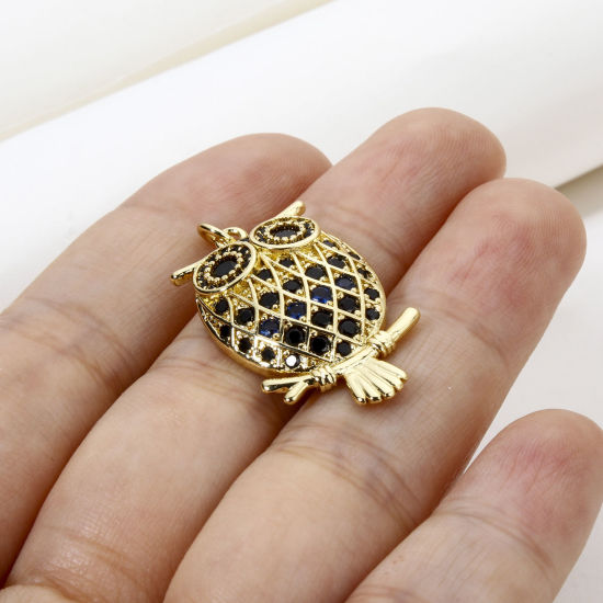 Picture of 1 Piece Eco-friendly Brass Halloween Pendants 18K Real Gold Plated Owl Animal Micro Pave Black Cubic Zirconia 3.2cm x 1.6cm