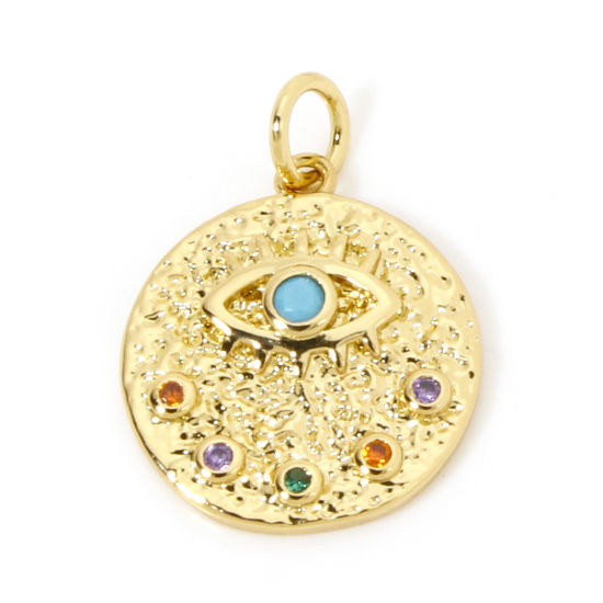 Image de 1 Pièce Breloques Religieux en Laiton Respectueux de la Nature Rond Plaqué Or Véritable 18K Oeil de la Providence/ Oeil Qui Voit Tout à Zircone Cubique Multicolore 20mm x 15mm