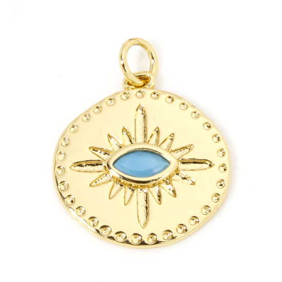 Image de 1 Pièce Breloques Religieux en Laiton Respectueux de la Nature Rond Plaqué Or Véritable 18K Oeil de la Providence/ Oeil Qui Voit Tout à Zircone Cubique Bleu 22mm x 18mm